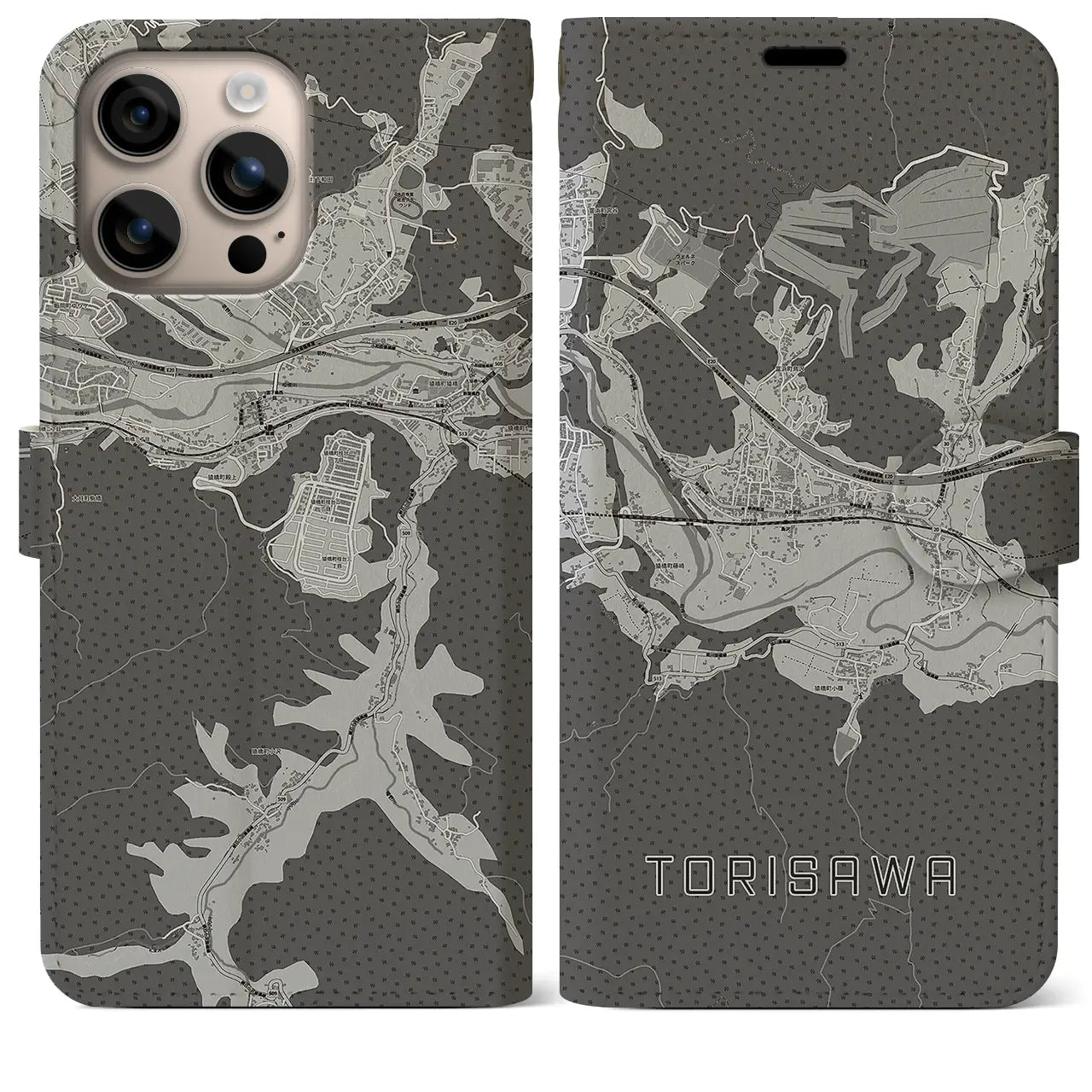 【鳥沢(山梨県)】地図柄iPhoneケース(手帳タイプ)モノトーン・iPhone 16 Plus 用