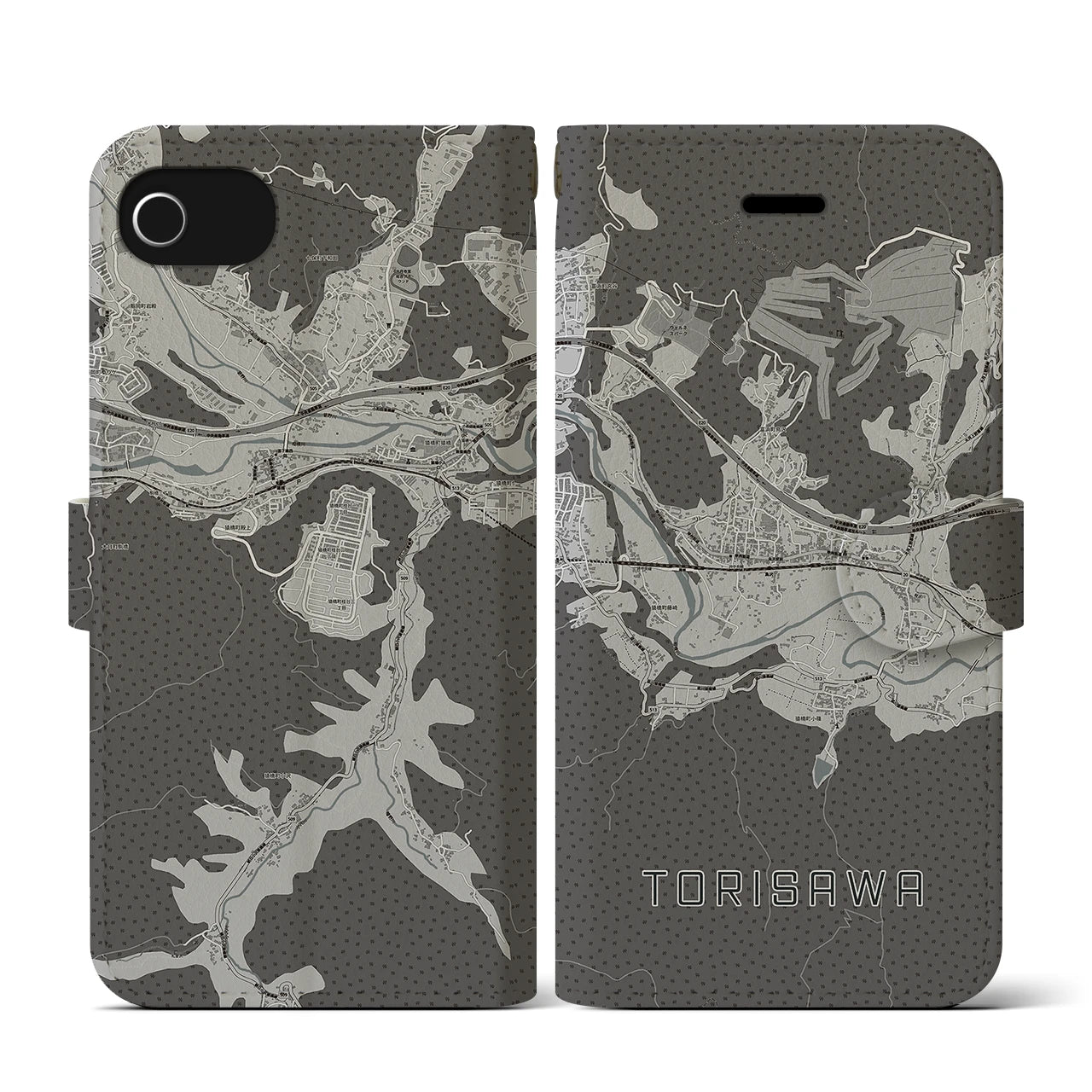 【鳥沢(山梨県)】地図柄iPhoneケース(手帳タイプ)モノトーン・iPhone SE(第3 / 第2世代) / 8 / 7 / 6s / 6 用