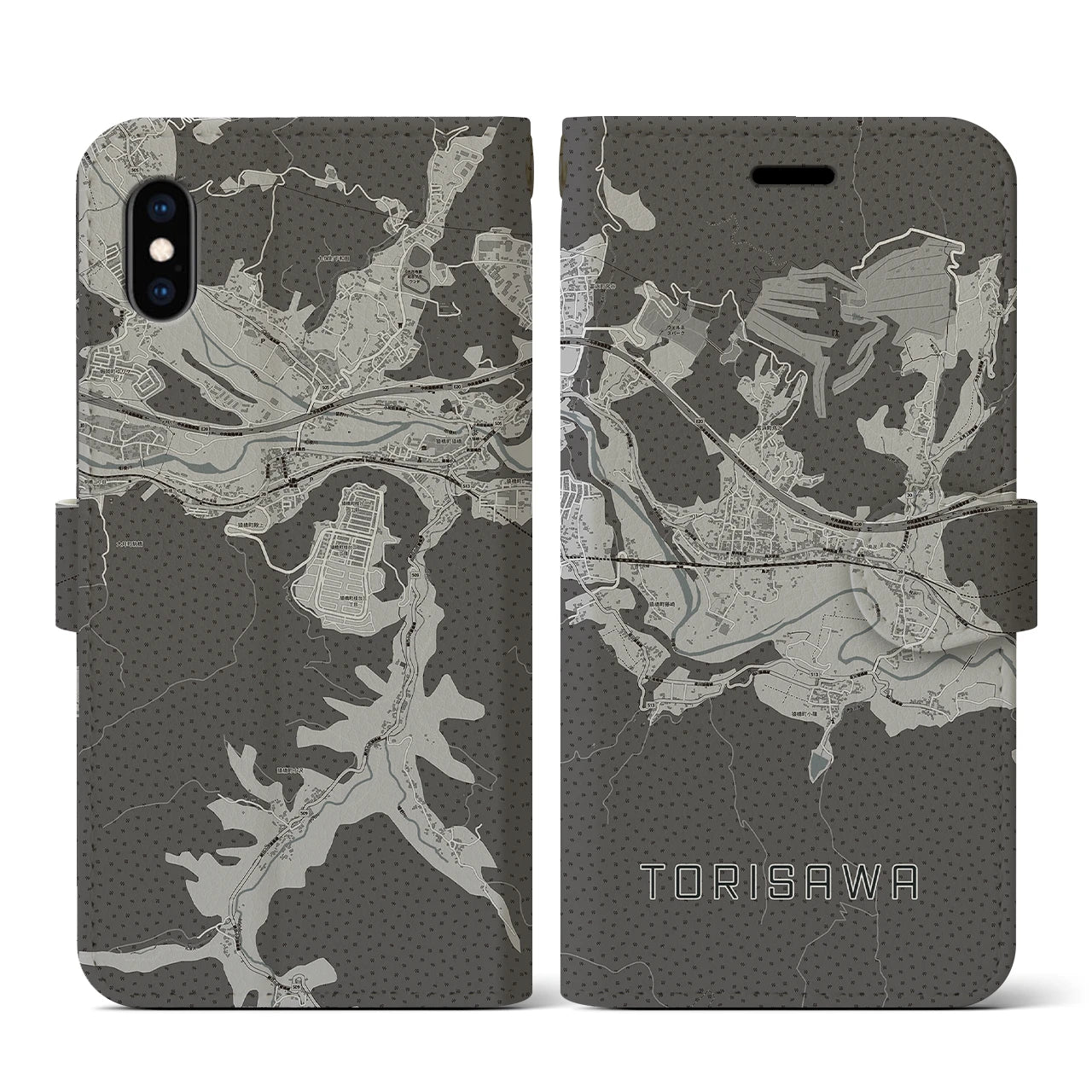 【鳥沢(山梨県)】地図柄iPhoneケース(手帳タイプ)モノトーン・iPhone XS / X 用