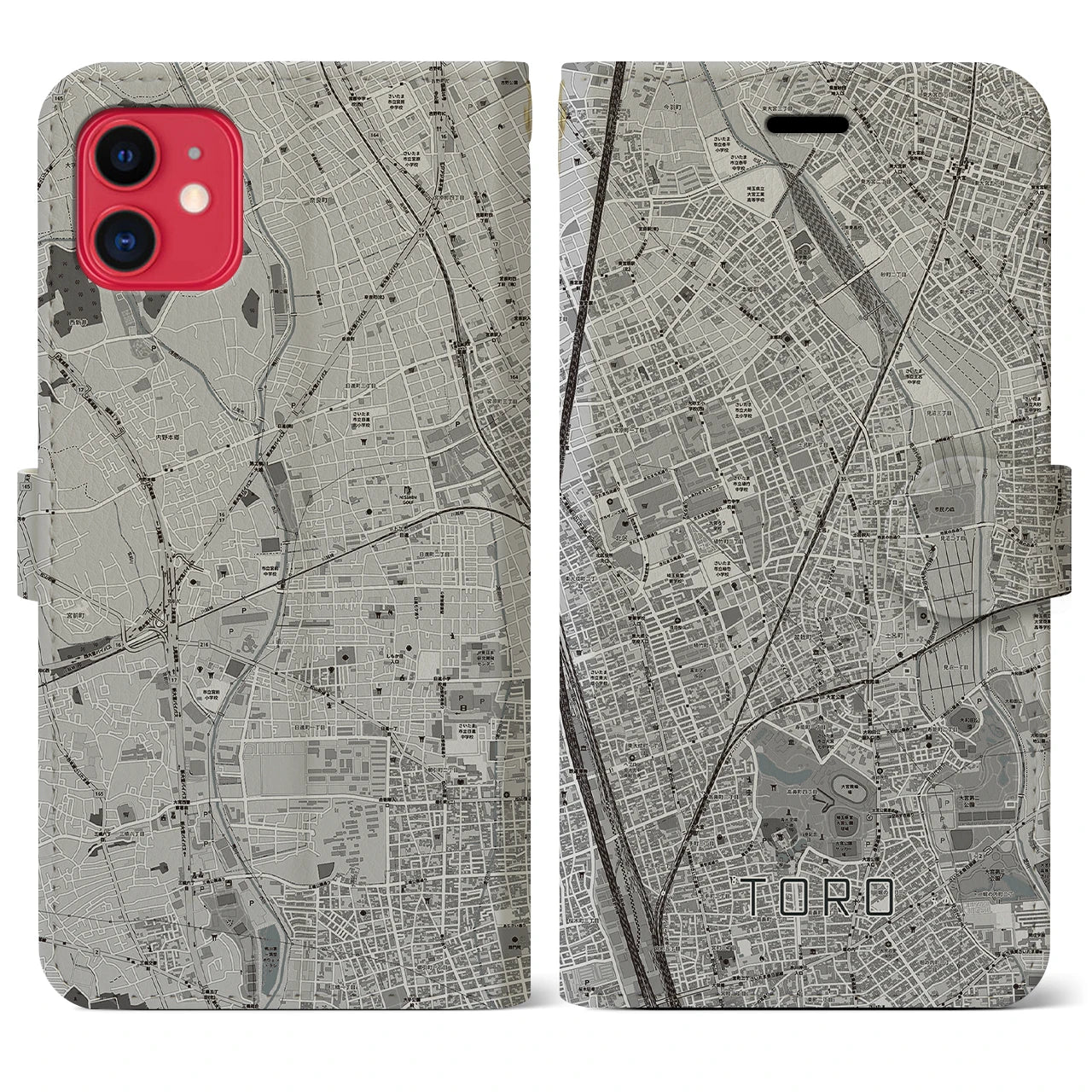【土呂(埼玉県)】地図柄iPhoneケース(手帳タイプ)モノトーン・iPhone 11 用