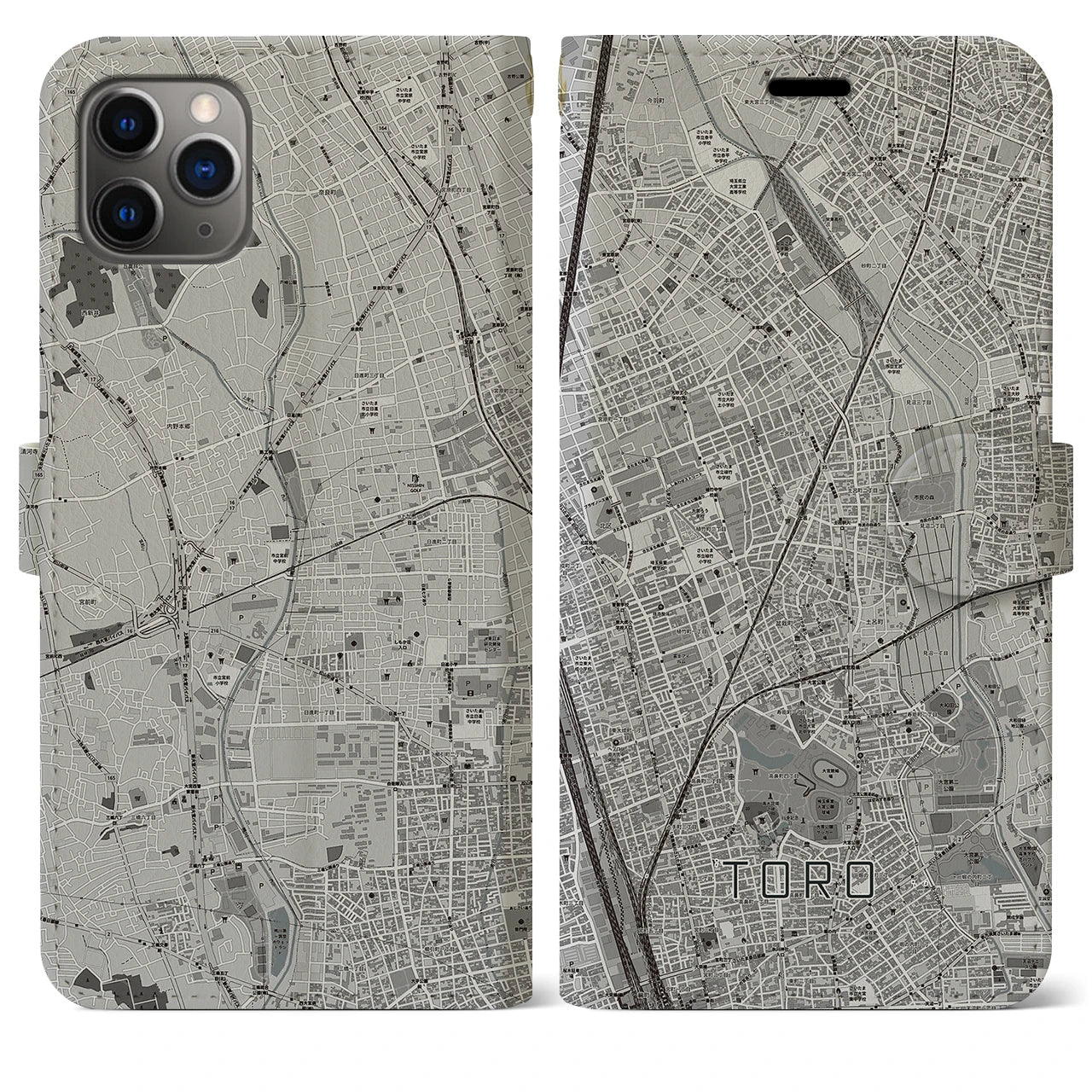 【土呂(埼玉県)】地図柄iPhoneケース(手帳タイプ)モノトーン・iPhone 11 Pro Max 用