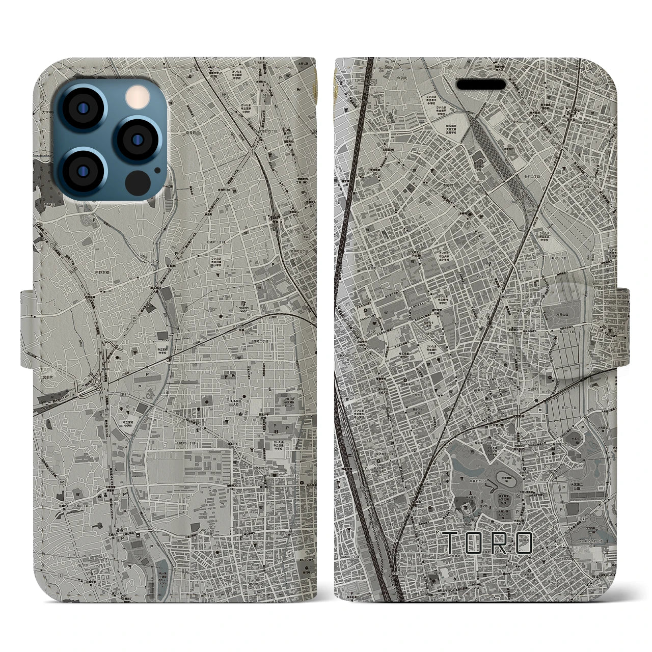 【土呂(埼玉県)】地図柄iPhoneケース(手帳タイプ)モノトーン・iPhone 12 / 12 Pro 用