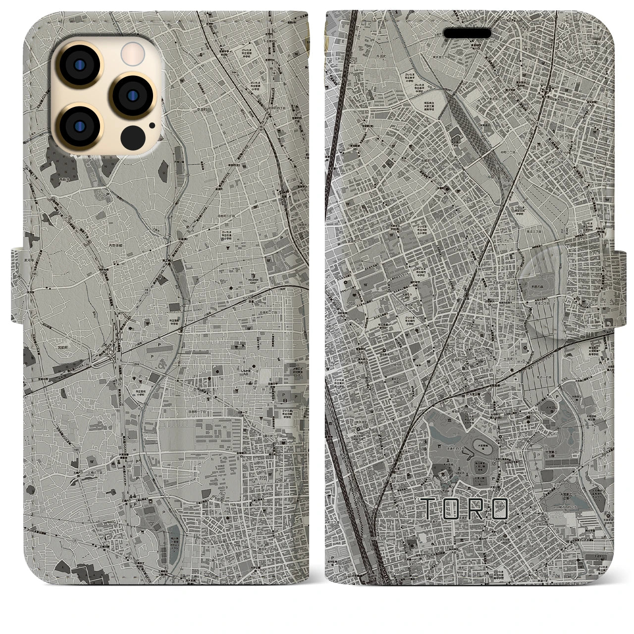 【土呂(埼玉県)】地図柄iPhoneケース(手帳タイプ)モノトーン・iPhone 12 Pro Max 用