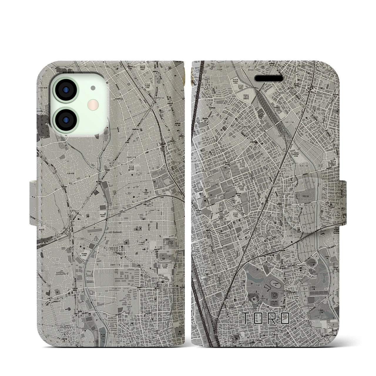【土呂(埼玉県)】地図柄iPhoneケース(手帳タイプ)モノトーン・iPhone 12 mini 用