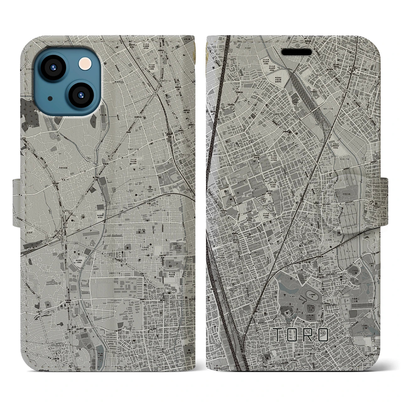 【土呂(埼玉県)】地図柄iPhoneケース(手帳タイプ)モノトーン・iPhone 13 用