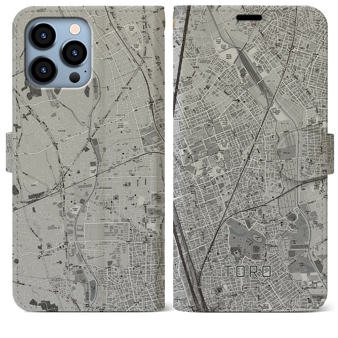 【土呂(埼玉県)】地図柄iPhoneケース(手帳タイプ)モノトーン・iPhone 13 Pro Max 用