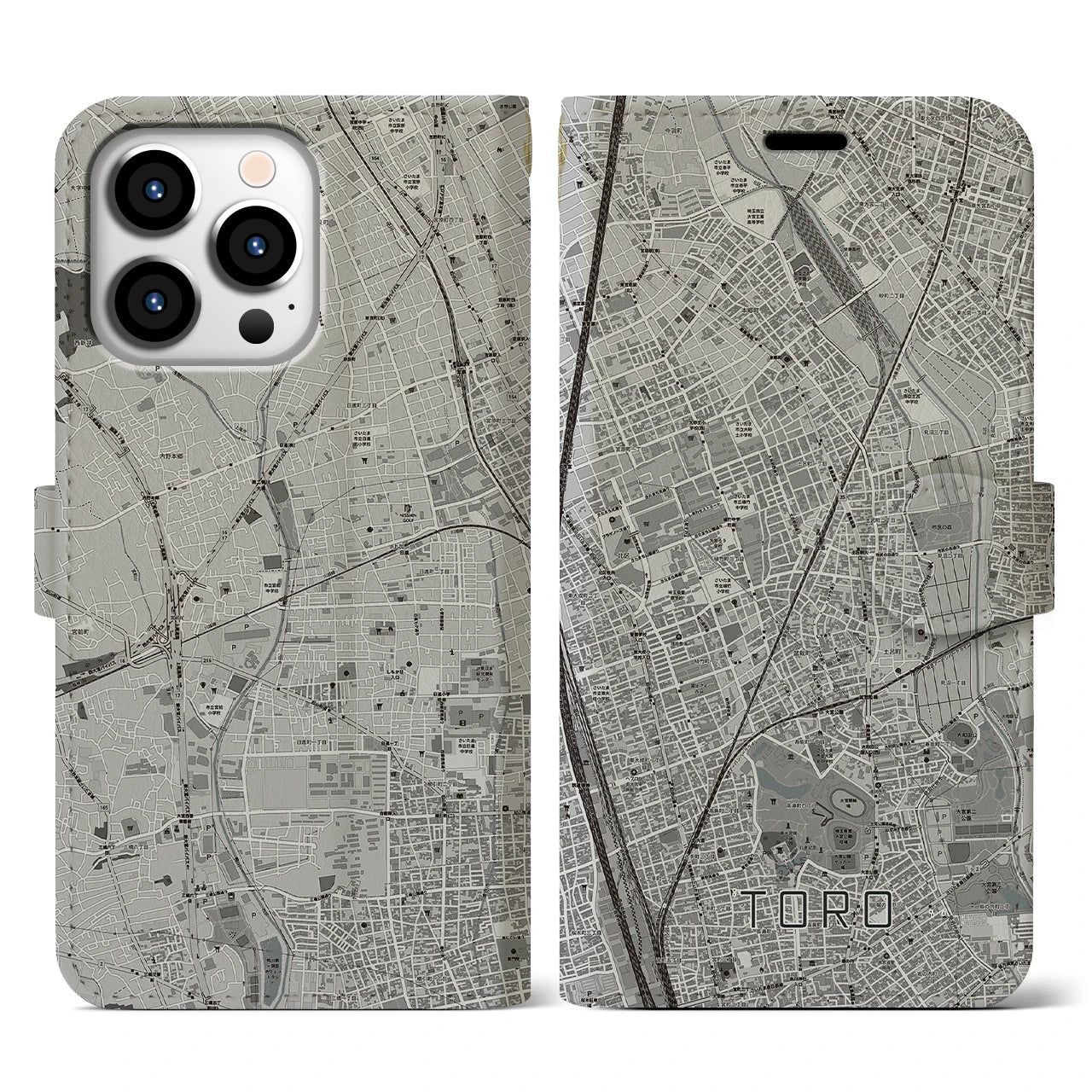 【土呂(埼玉県)】地図柄iPhoneケース(手帳タイプ)モノトーン・iPhone 13 Pro 用