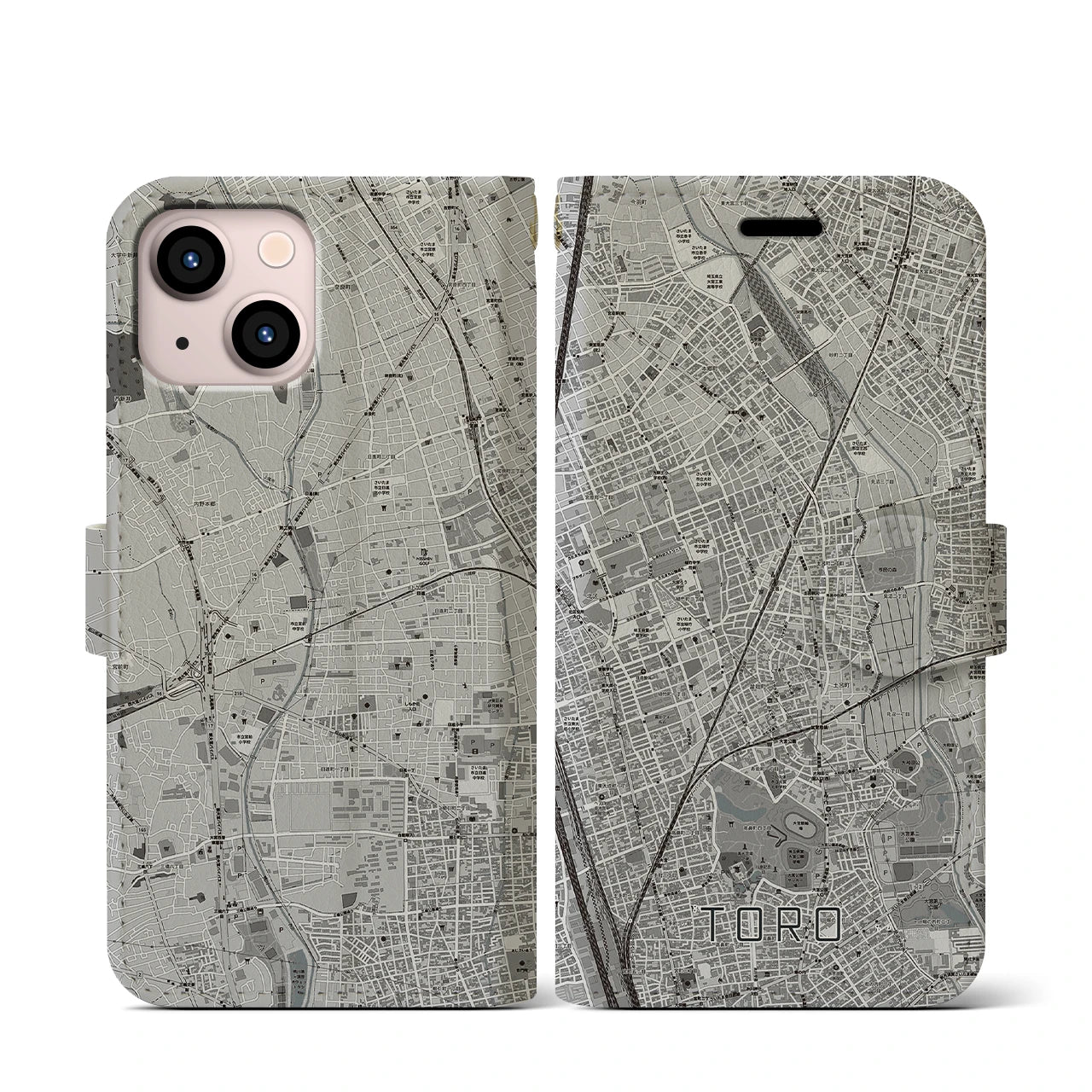 【土呂(埼玉県)】地図柄iPhoneケース(手帳タイプ)モノトーン・iPhone 13 mini 用