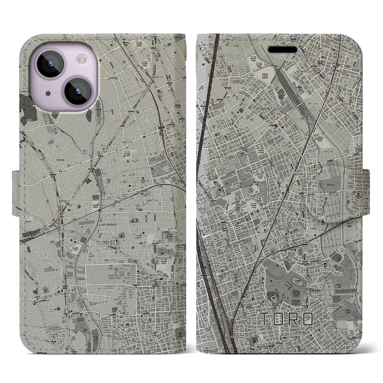 【土呂(埼玉県)】地図柄iPhoneケース(手帳タイプ)モノトーン・iPhone 14 用