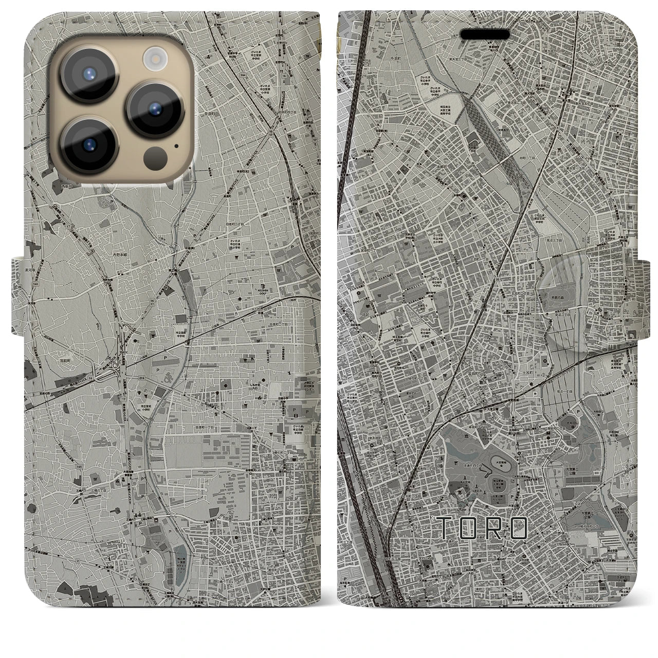 【土呂(埼玉県)】地図柄iPhoneケース(手帳タイプ)モノトーン・iPhone 14 Pro Max 用