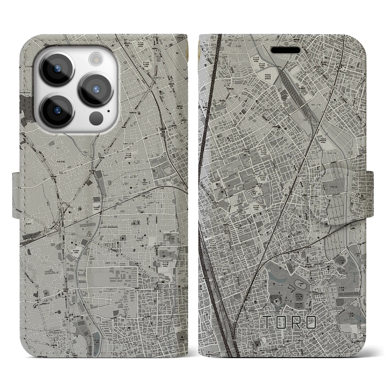 【土呂(埼玉県)】地図柄iPhoneケース(手帳タイプ)モノトーン・iPhone 14 Pro 用