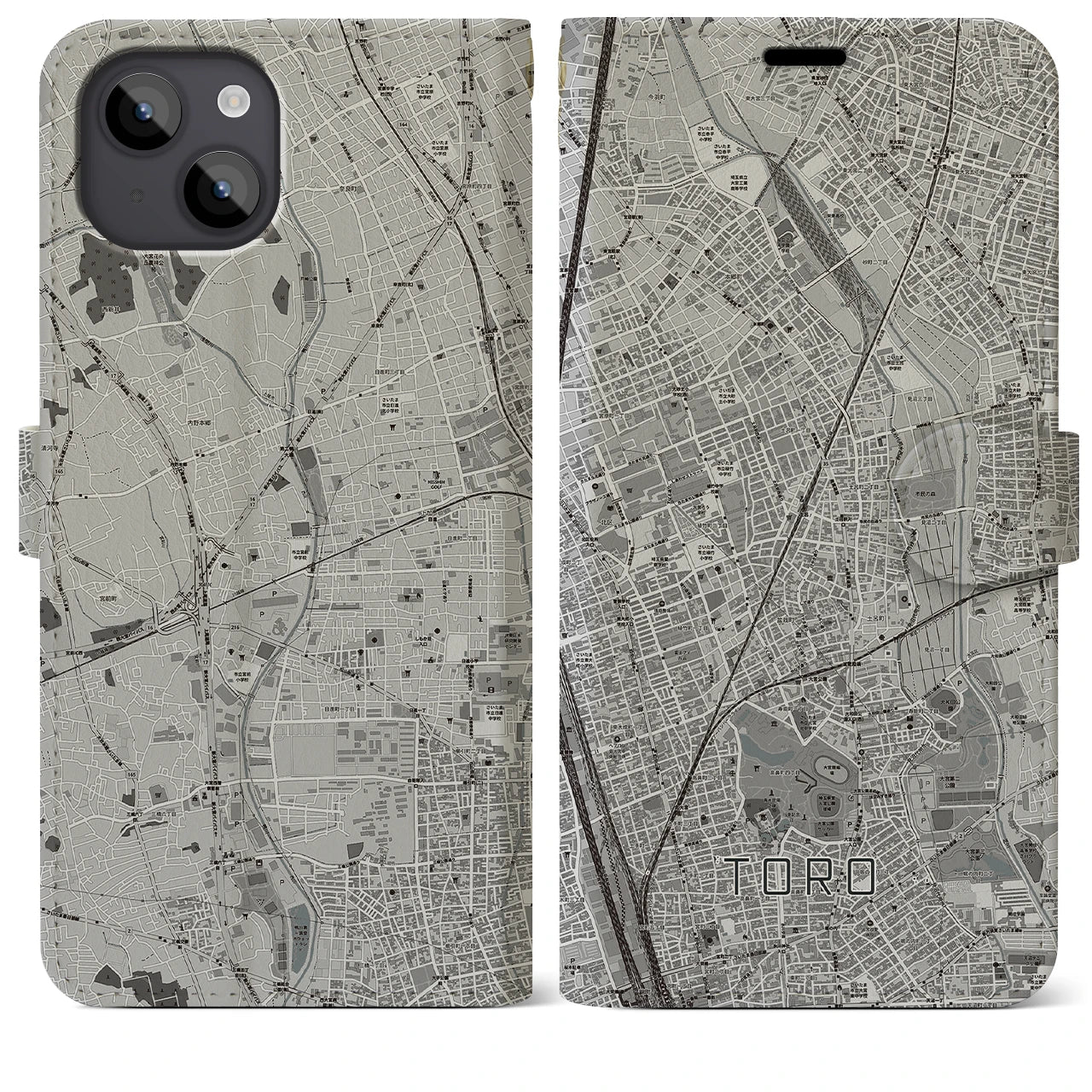 【土呂(埼玉県)】地図柄iPhoneケース(手帳タイプ)モノトーン・iPhone 14 Plus 用
