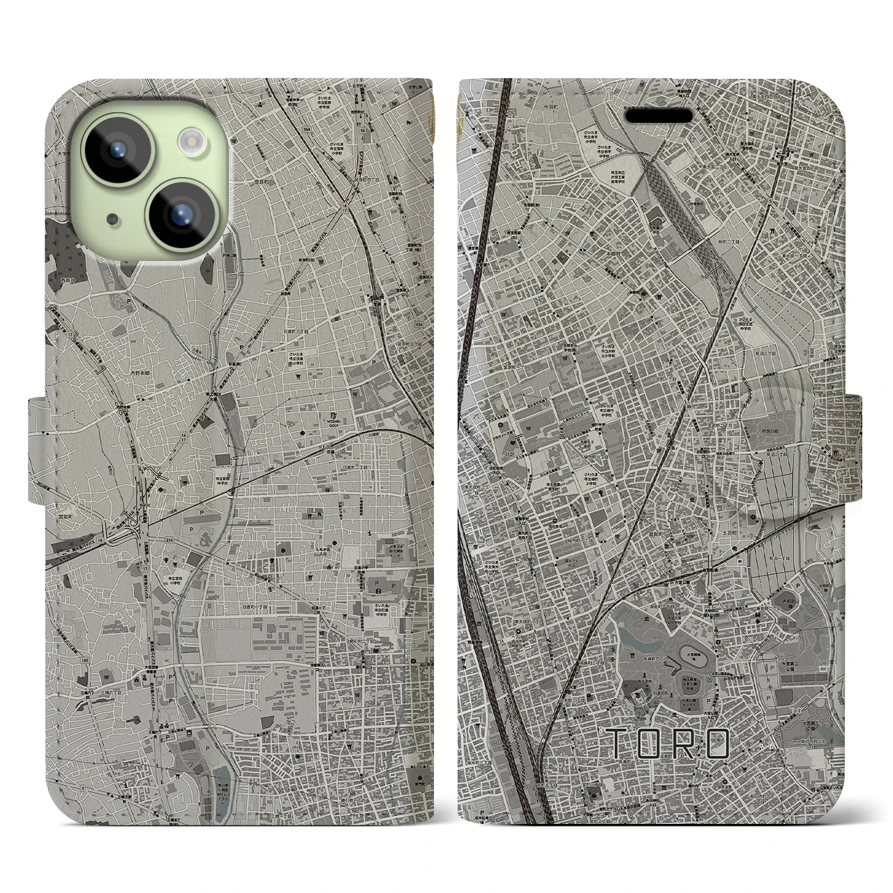 【土呂(埼玉県)】地図柄iPhoneケース(手帳タイプ)モノトーン・iPhone 15 用