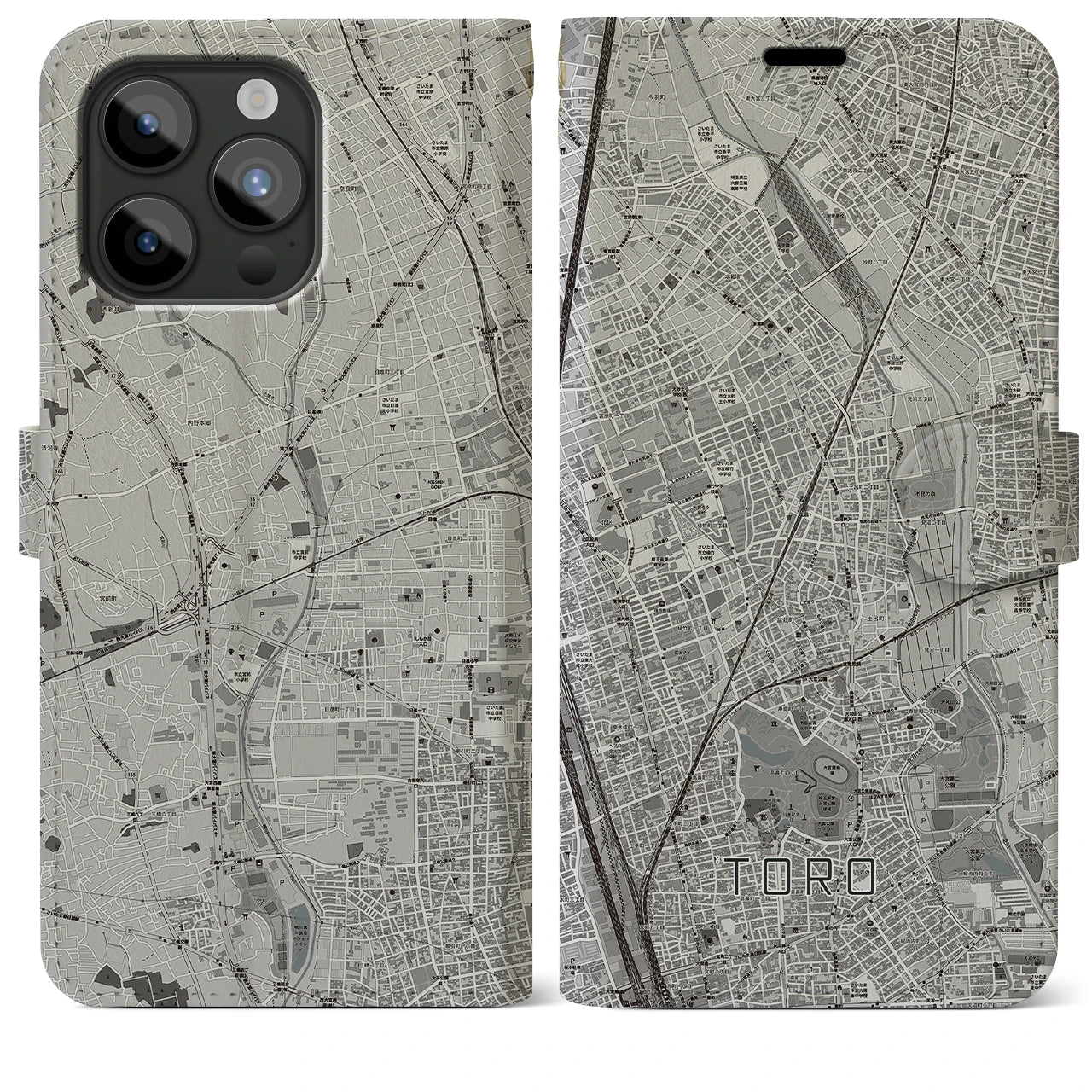 【土呂(埼玉県)】地図柄iPhoneケース(手帳タイプ)モノトーン・iPhone 15 Pro Max 用