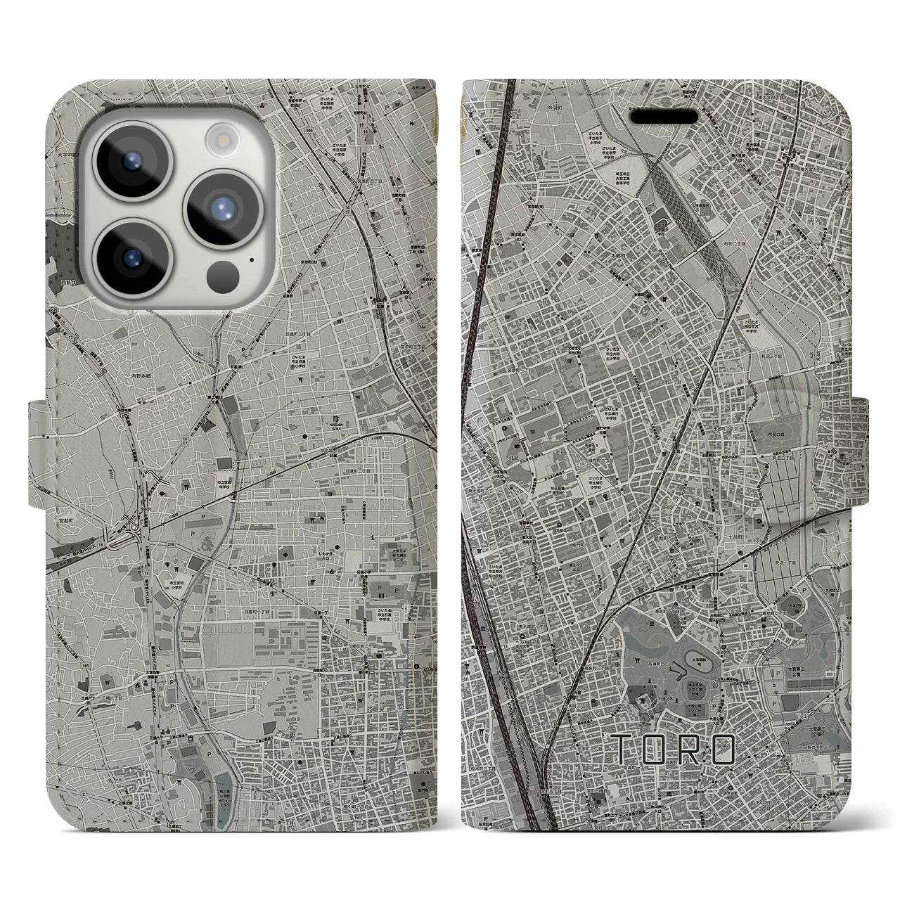 【土呂(埼玉県)】地図柄iPhoneケース(手帳タイプ)モノトーン・iPhone 15 Pro 用