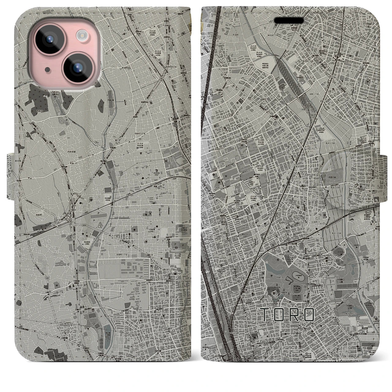 【土呂(埼玉県)】地図柄iPhoneケース(手帳タイプ)モノトーン・iPhone 15 Plus 用