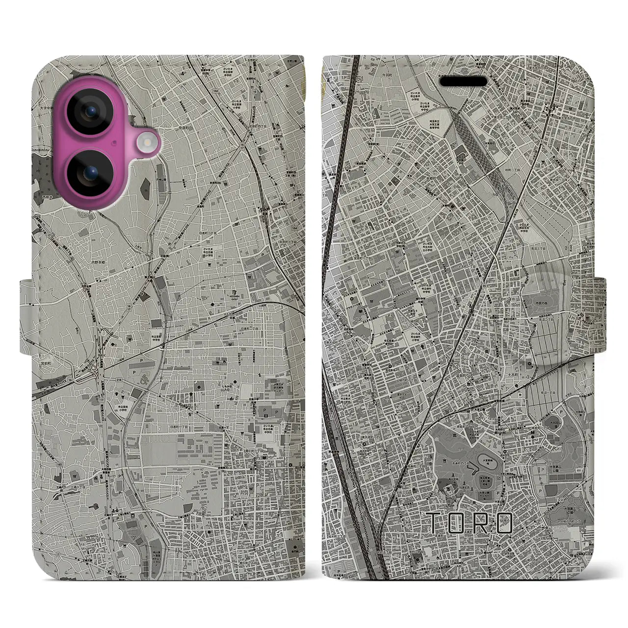 【土呂(埼玉県)】地図柄iPhoneケース(手帳タイプ)モノトーン・iPhone 16 Pro 用