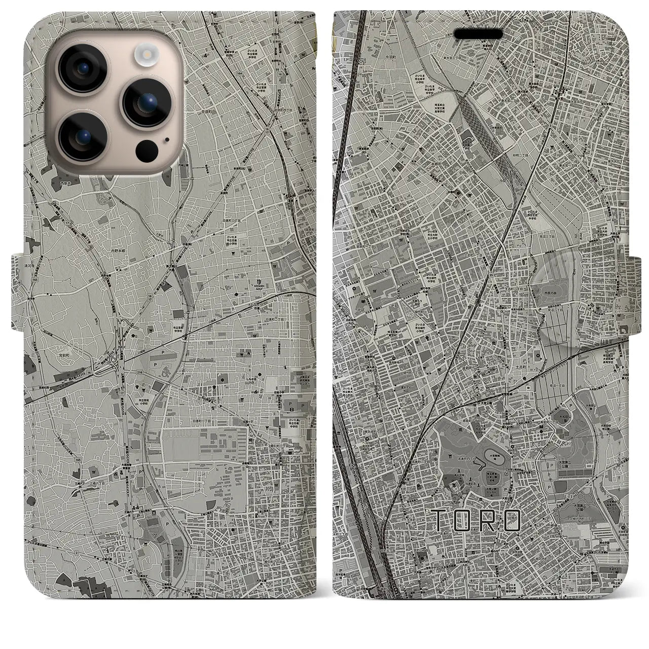 【土呂(埼玉県)】地図柄iPhoneケース(手帳タイプ)モノトーン・iPhone 16 Plus 用
