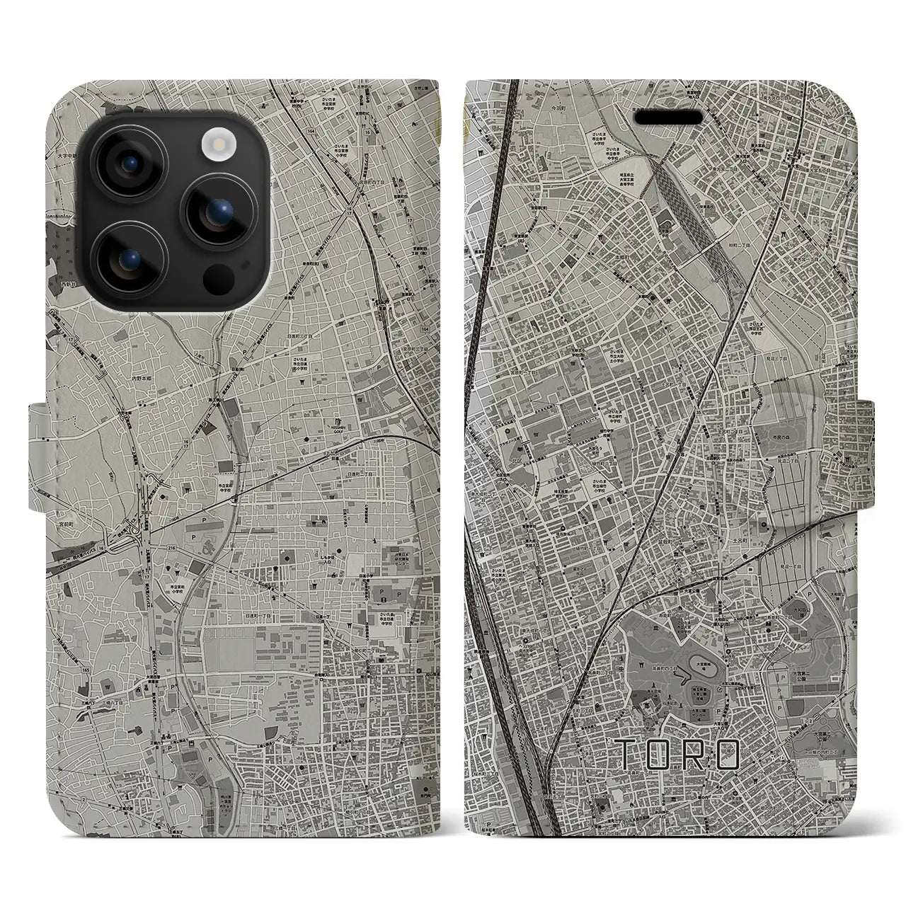【土呂(埼玉県)】地図柄iPhoneケース(手帳タイプ)モノトーン・iPhone 16 用