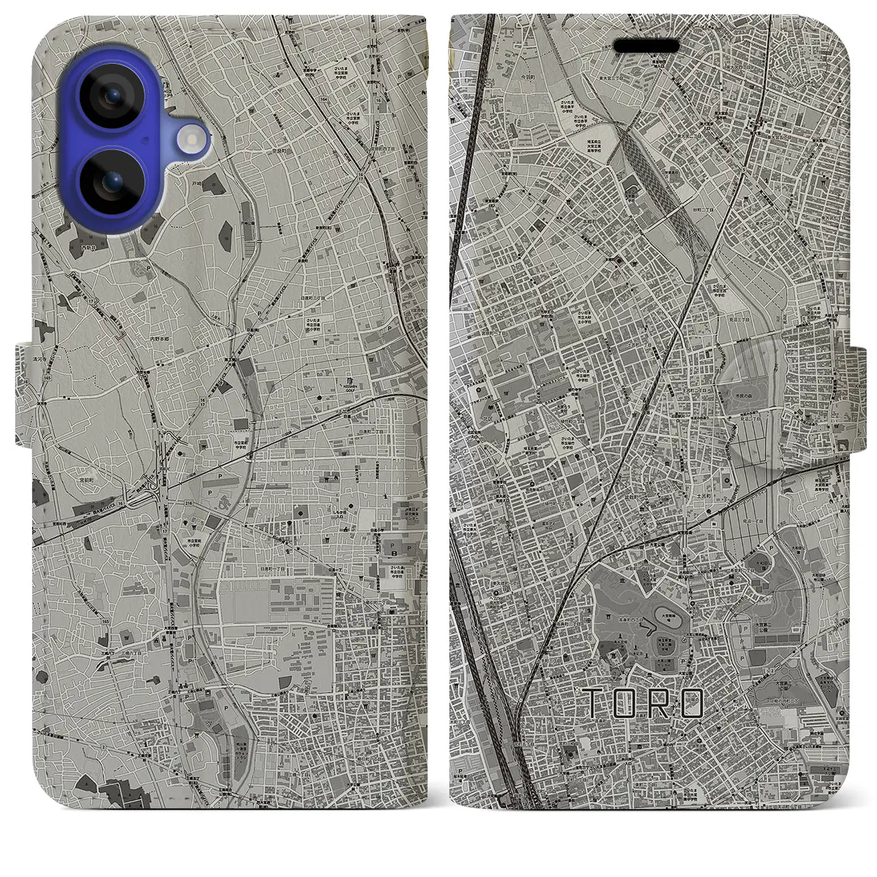 【土呂(埼玉県)】地図柄iPhoneケース(手帳タイプ)モノトーン・iPhone 16 Pro Max 用