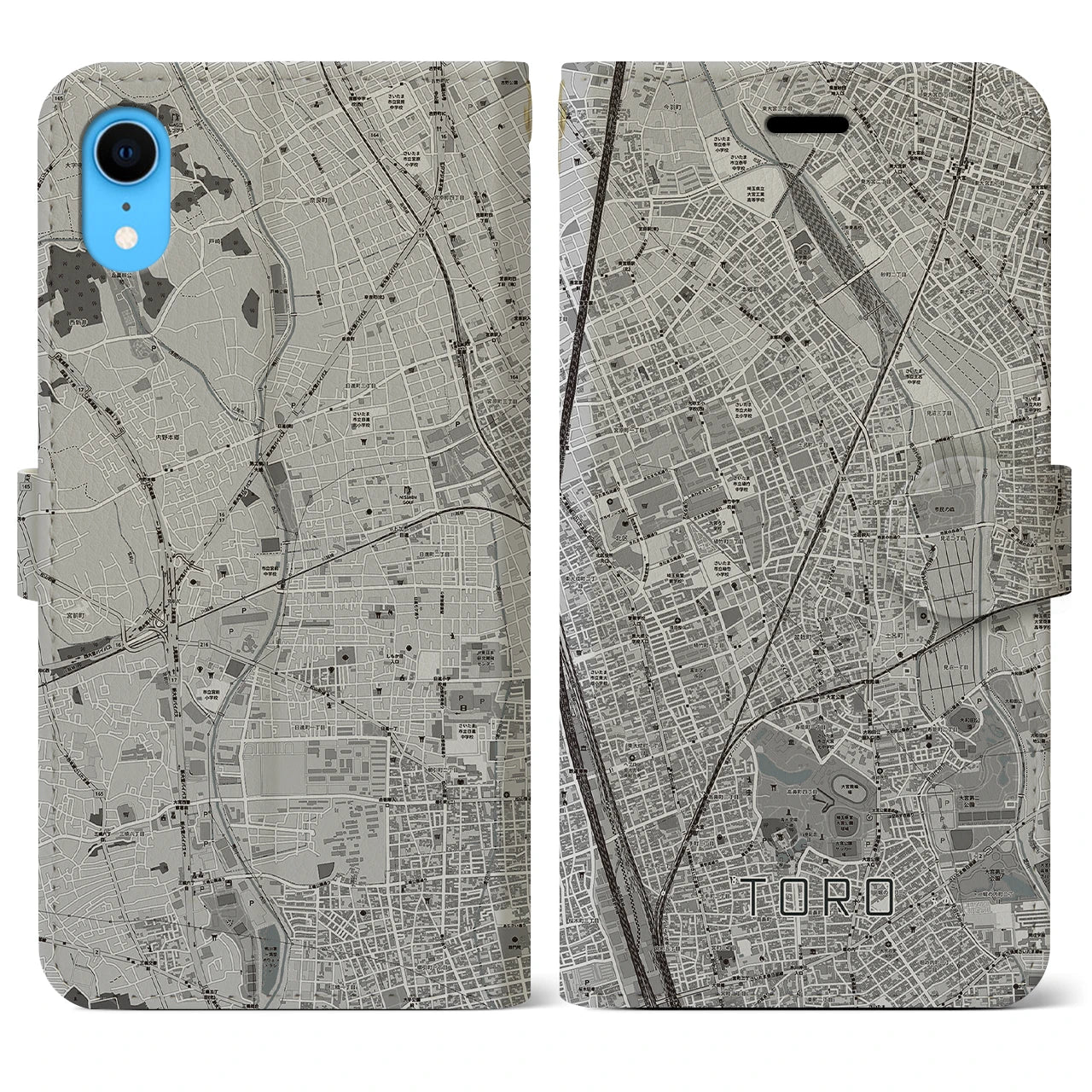 【土呂(埼玉県)】地図柄iPhoneケース(手帳タイプ)モノトーン・iPhone XR 用