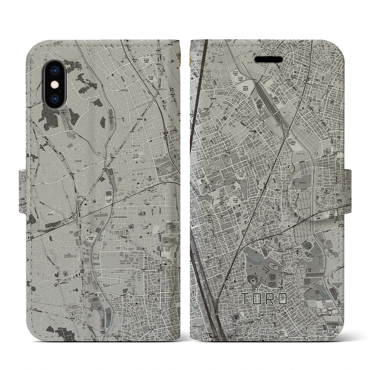 【土呂(埼玉県)】地図柄iPhoneケース(手帳タイプ)モノトーン・iPhone XS / X 用