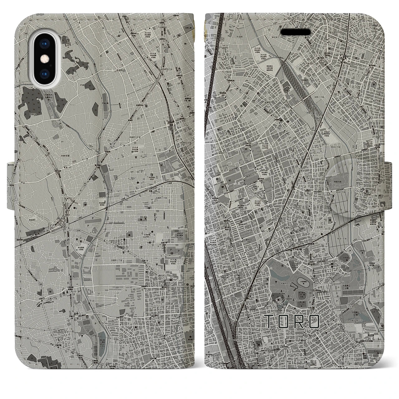 【土呂(埼玉県)】地図柄iPhoneケース(手帳タイプ)モノトーン・iPhone XS Max 用