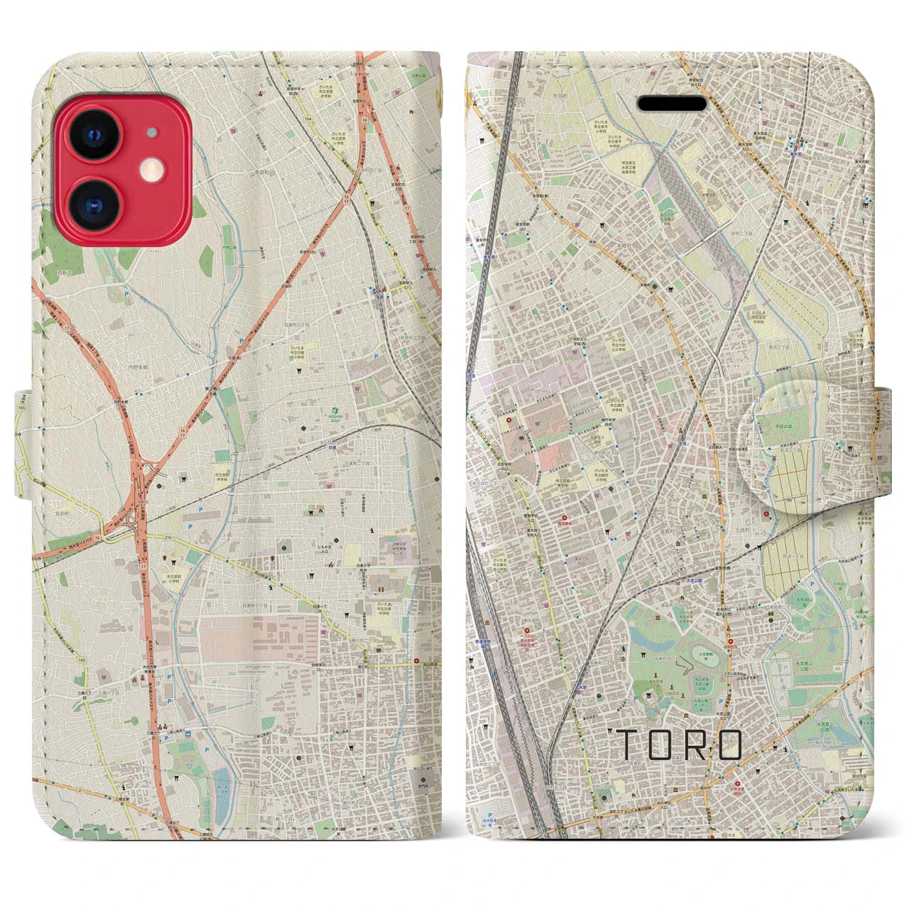 【土呂(埼玉県)】地図柄iPhoneケース(手帳タイプ)ナチュラル・iPhone 11 用