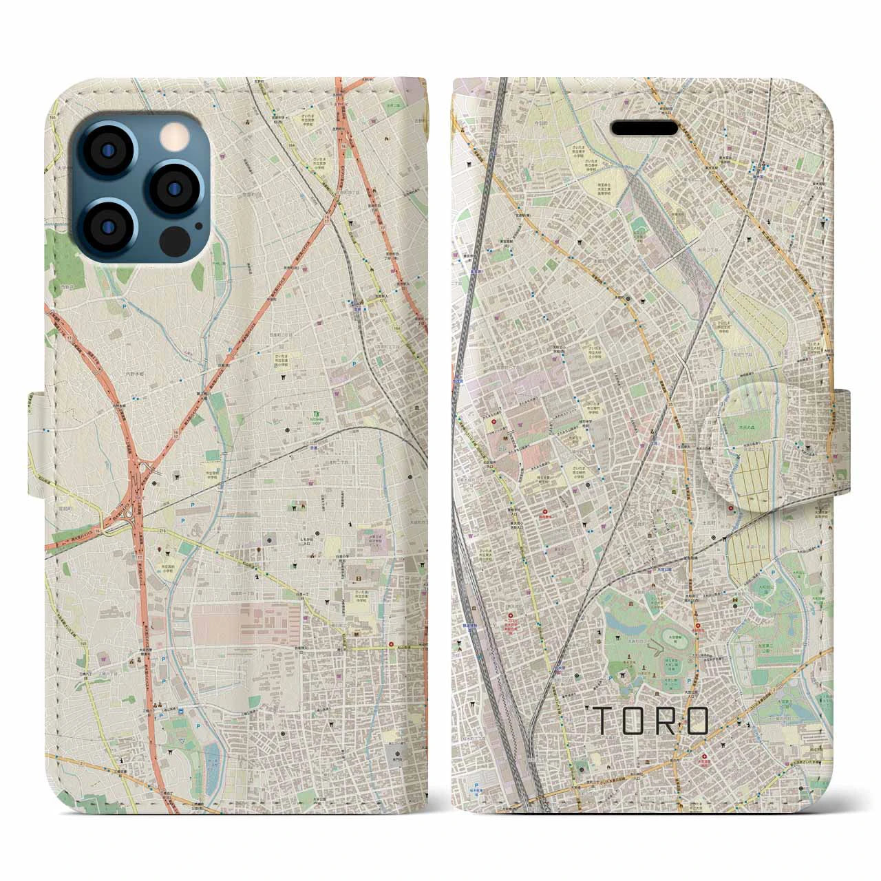 【土呂(埼玉県)】地図柄iPhoneケース(手帳タイプ)ナチュラル・iPhone 12 / 12 Pro 用