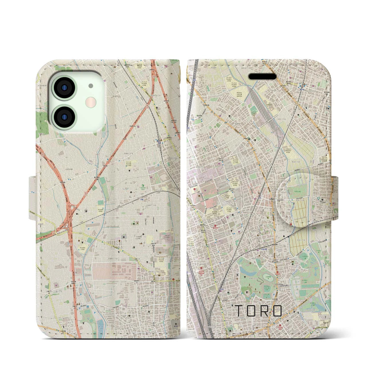 【土呂(埼玉県)】地図柄iPhoneケース(手帳タイプ)ナチュラル・iPhone 12 mini 用