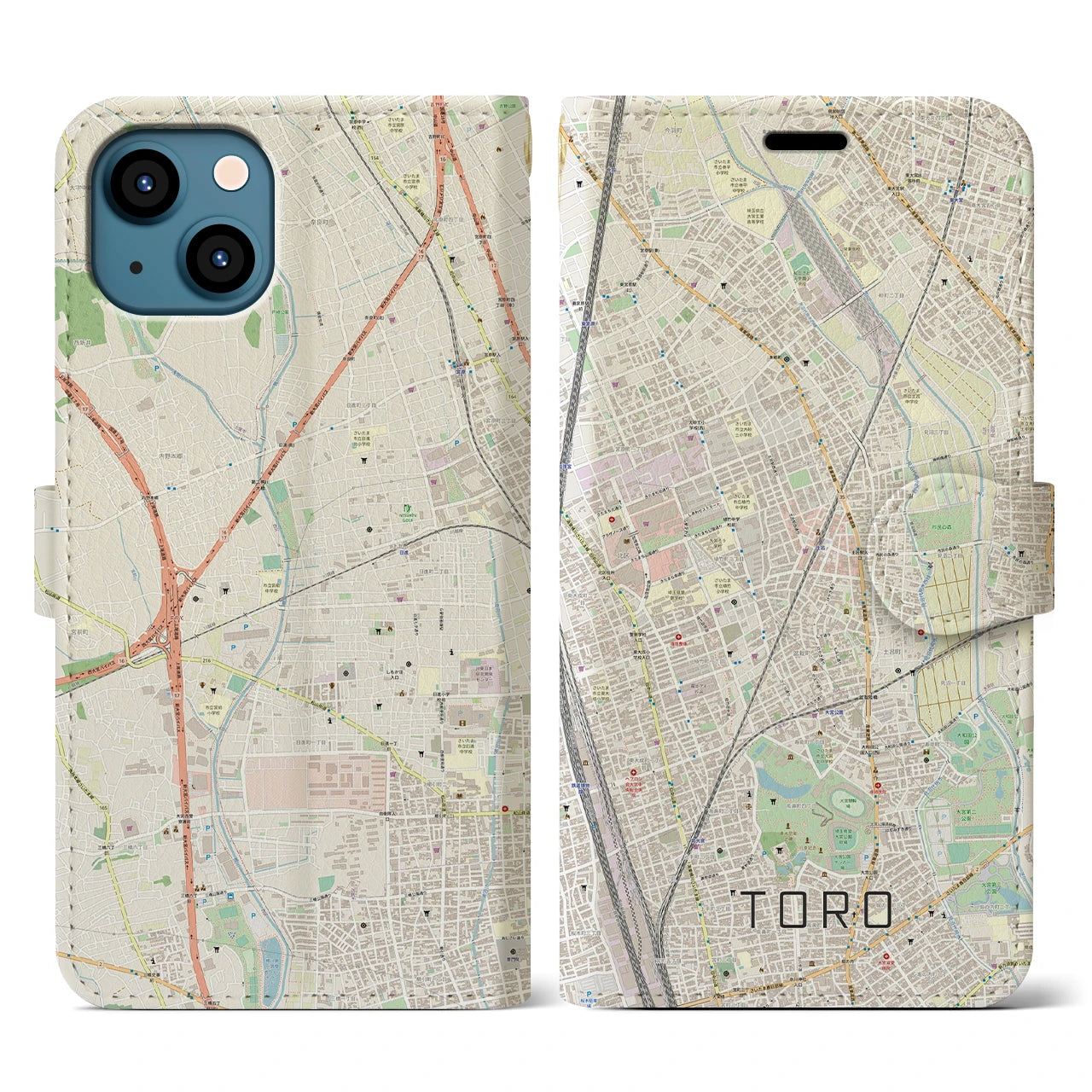 【土呂(埼玉県)】地図柄iPhoneケース(手帳タイプ)ナチュラル・iPhone 13 用