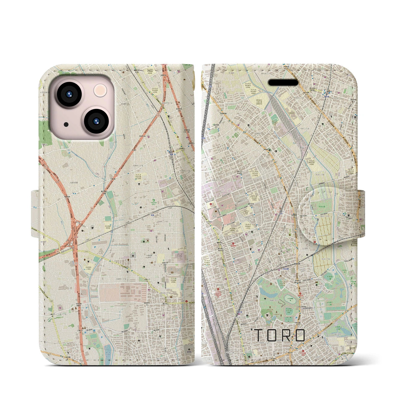 【土呂(埼玉県)】地図柄iPhoneケース(手帳タイプ)ナチュラル・iPhone 13 mini 用
