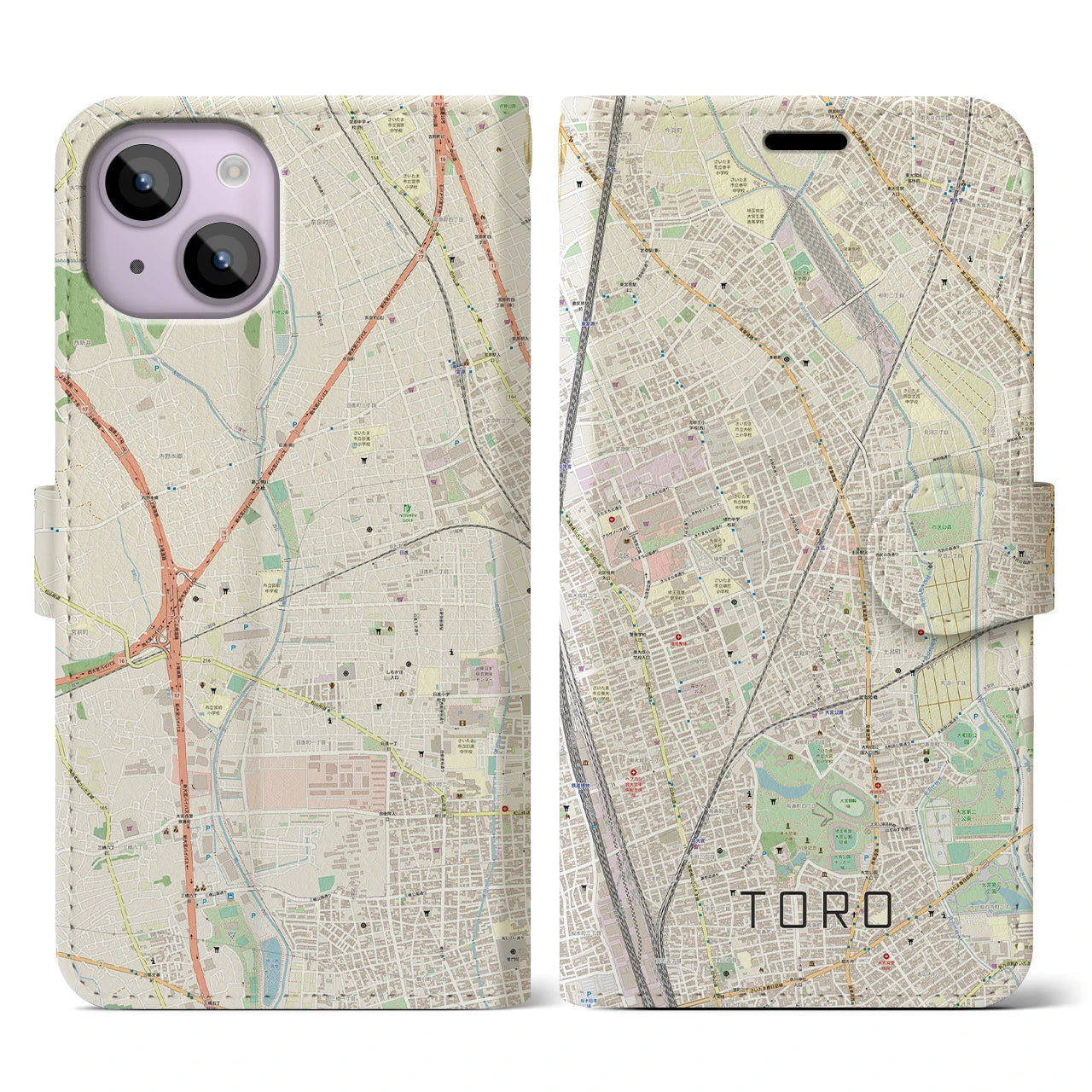 【土呂(埼玉県)】地図柄iPhoneケース(手帳タイプ)ナチュラル・iPhone 14 用