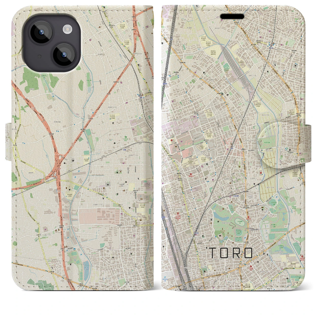 【土呂(埼玉県)】地図柄iPhoneケース(手帳タイプ)ナチュラル・iPhone 14 Plus 用