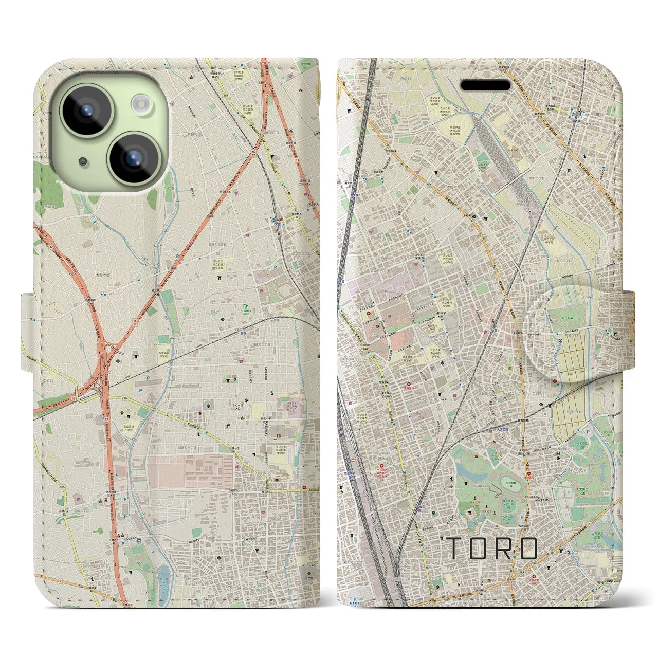 【土呂(埼玉県)】地図柄iPhoneケース(手帳タイプ)ナチュラル・iPhone 15 用