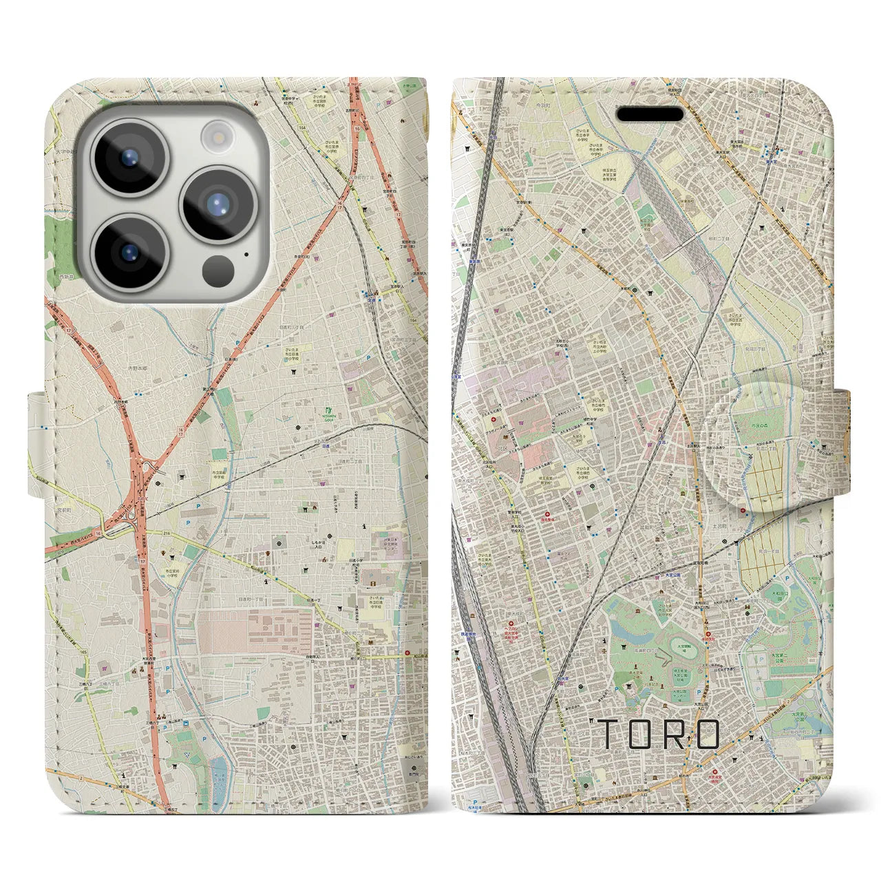 【土呂(埼玉県)】地図柄iPhoneケース(手帳タイプ)ナチュラル・iPhone 15 Pro 用