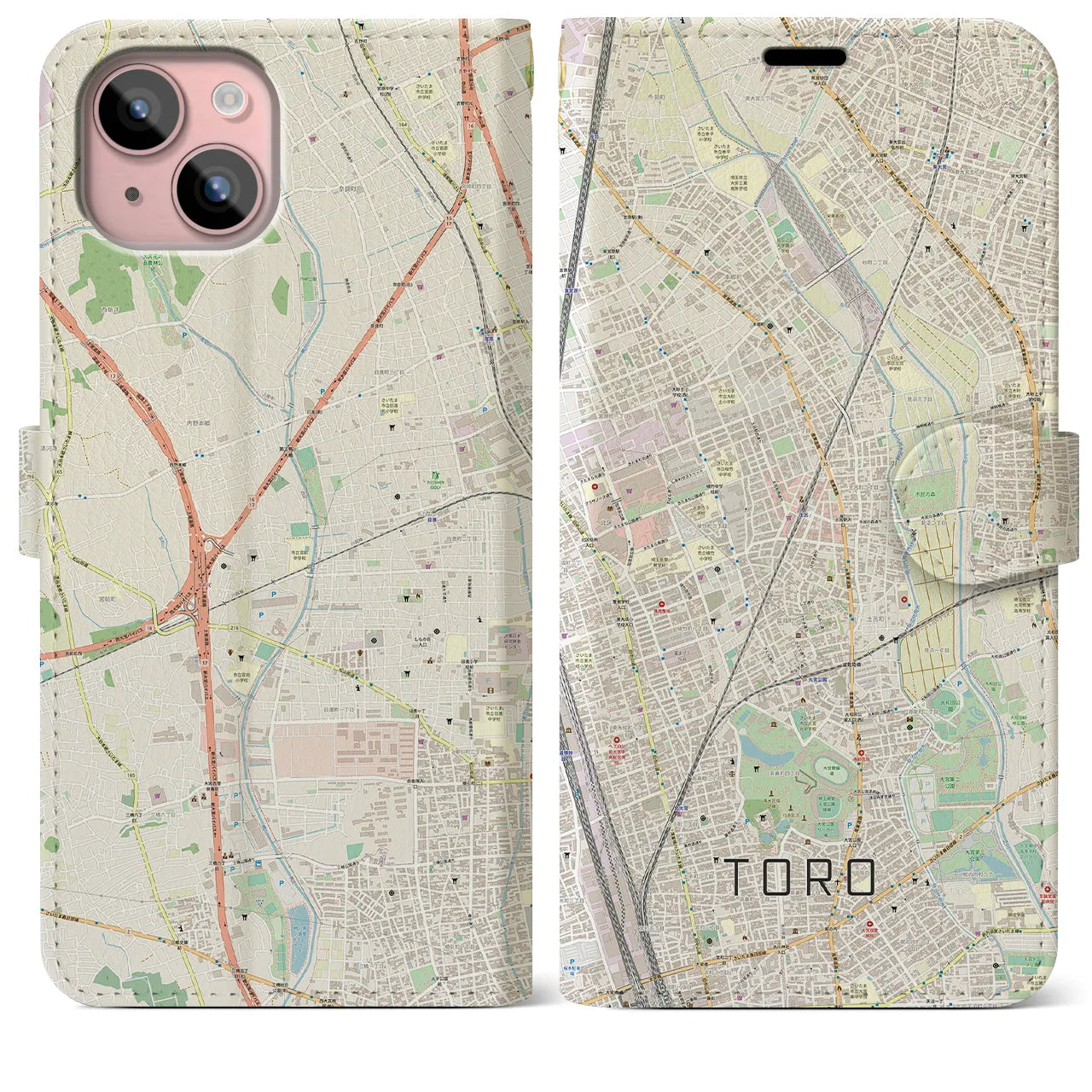 【土呂(埼玉県)】地図柄iPhoneケース(手帳タイプ)ナチュラル・iPhone 15 Plus 用