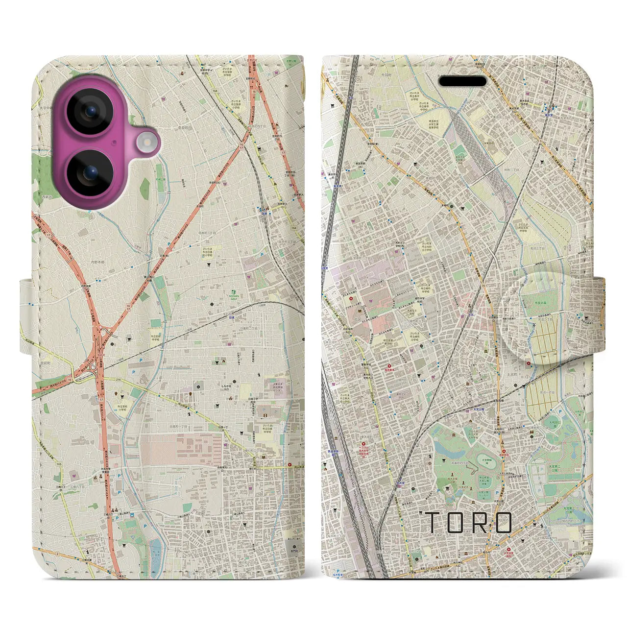【土呂(埼玉県)】地図柄iPhoneケース(手帳タイプ)ナチュラル・iPhone 16 Pro 用
