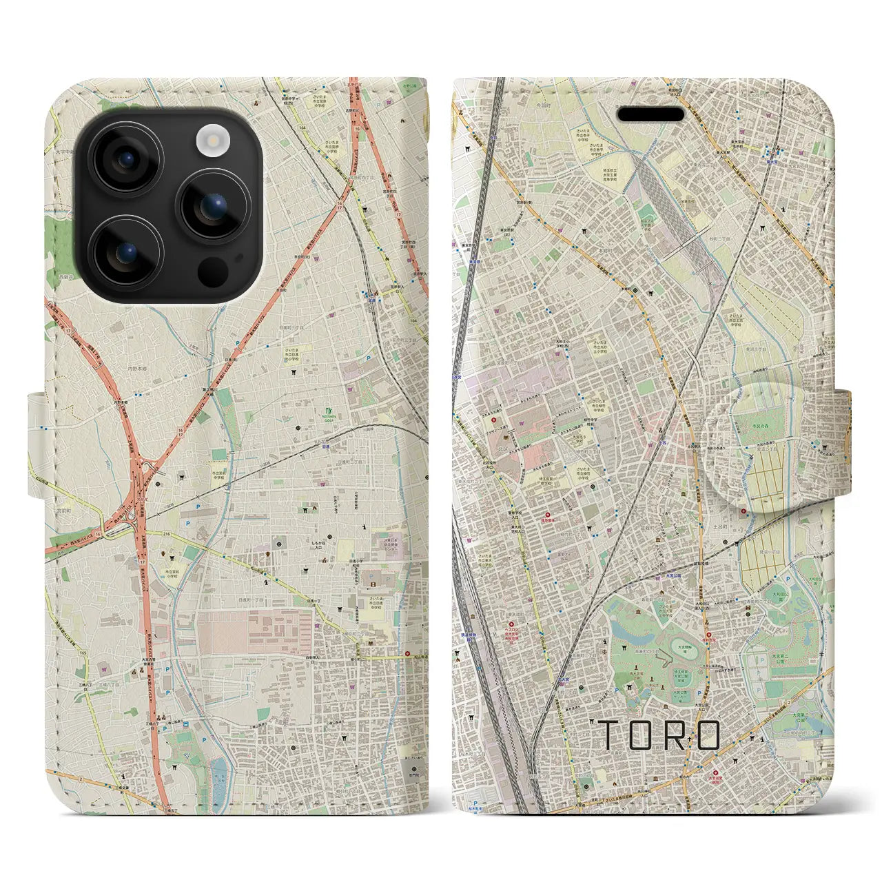 【土呂(埼玉県)】地図柄iPhoneケース(手帳タイプ)ナチュラル・iPhone 16 用