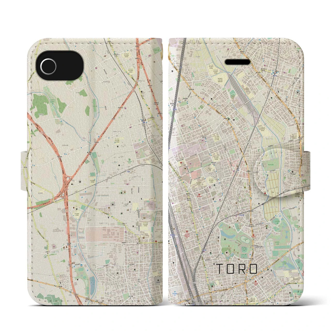 【土呂(埼玉県)】地図柄iPhoneケース(手帳タイプ)ナチュラル・iPhone SE(第3 / 第2世代) / 8 / 7 / 6s / 6 用