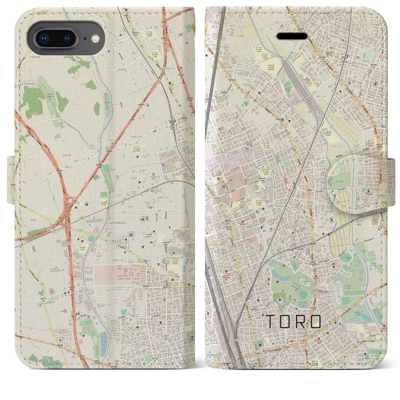 【土呂(埼玉県)】地図柄iPhoneケース(手帳タイプ)ナチュラル・iPhone 8Plus /7Plus / 6sPlus / 6Plus 用