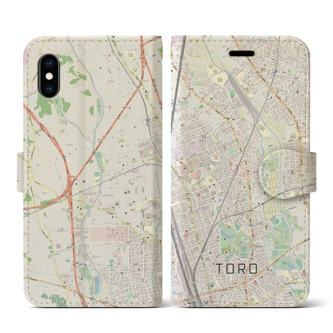 【土呂(埼玉県)】地図柄iPhoneケース(手帳タイプ)ナチュラル・iPhone XS / X 用