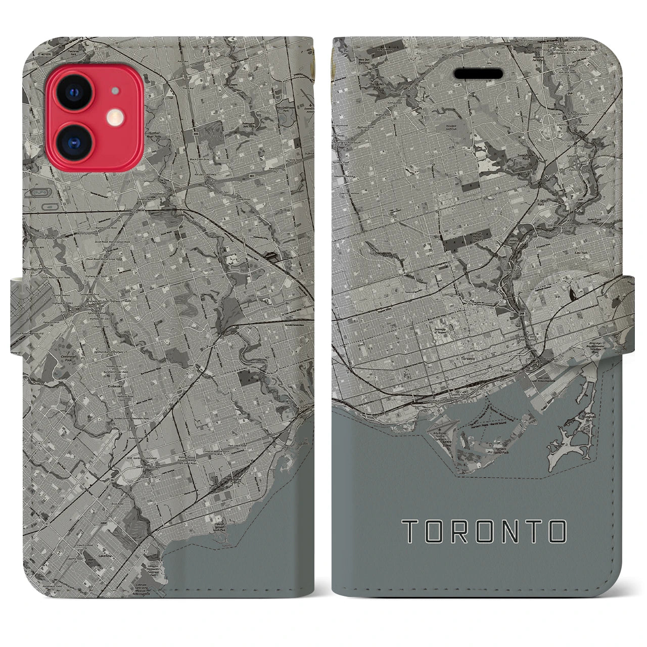 【トロント(カナダ)】地図柄iPhoneケース(手帳タイプ)モノトーン・iPhone 11 用