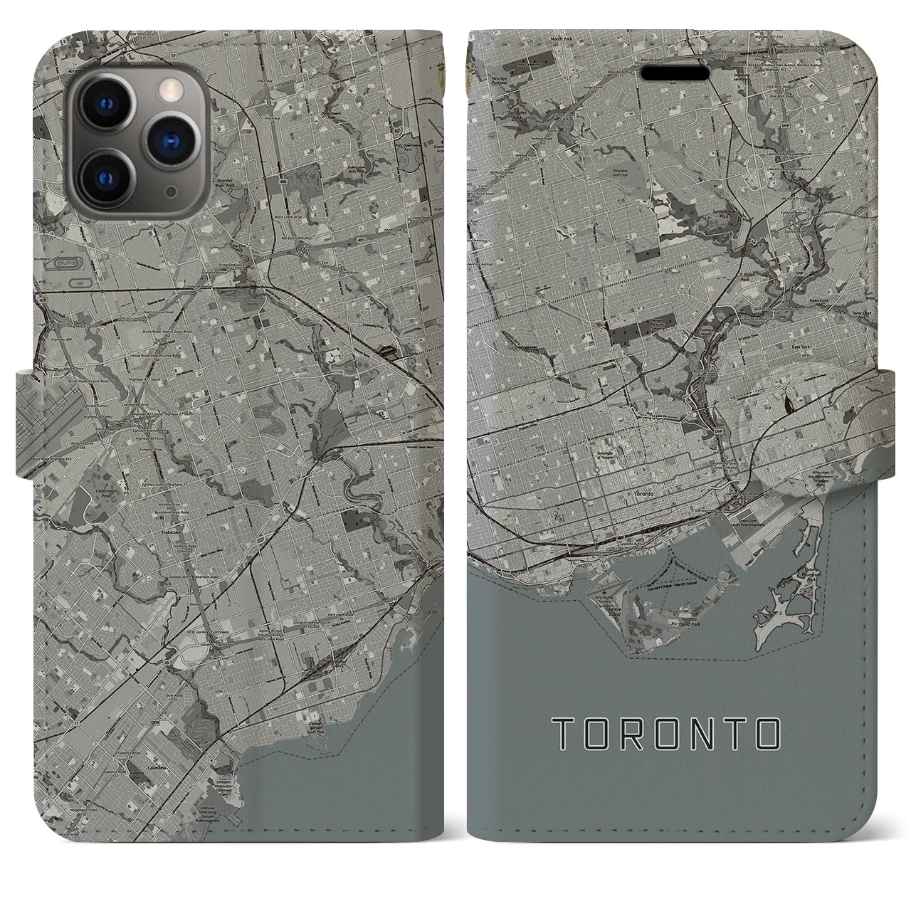 【トロント(カナダ)】地図柄iPhoneケース(手帳タイプ)モノトーン・iPhone 11 Pro Max 用