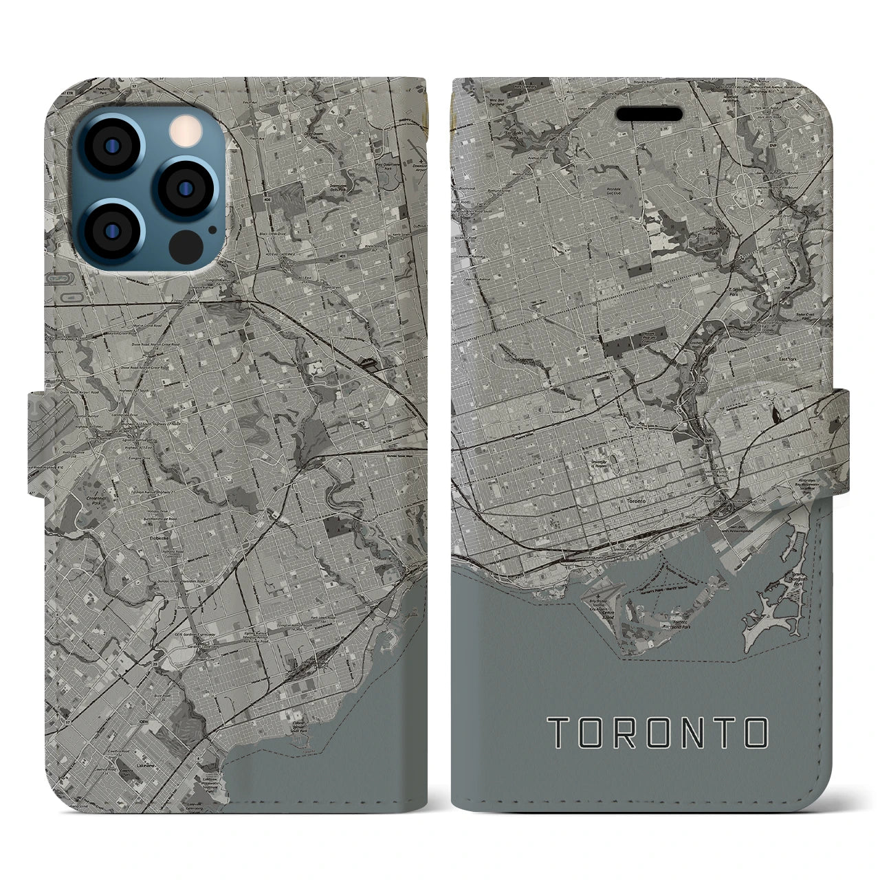 【トロント(カナダ)】地図柄iPhoneケース(手帳タイプ)モノトーン・iPhone 12 / 12 Pro 用