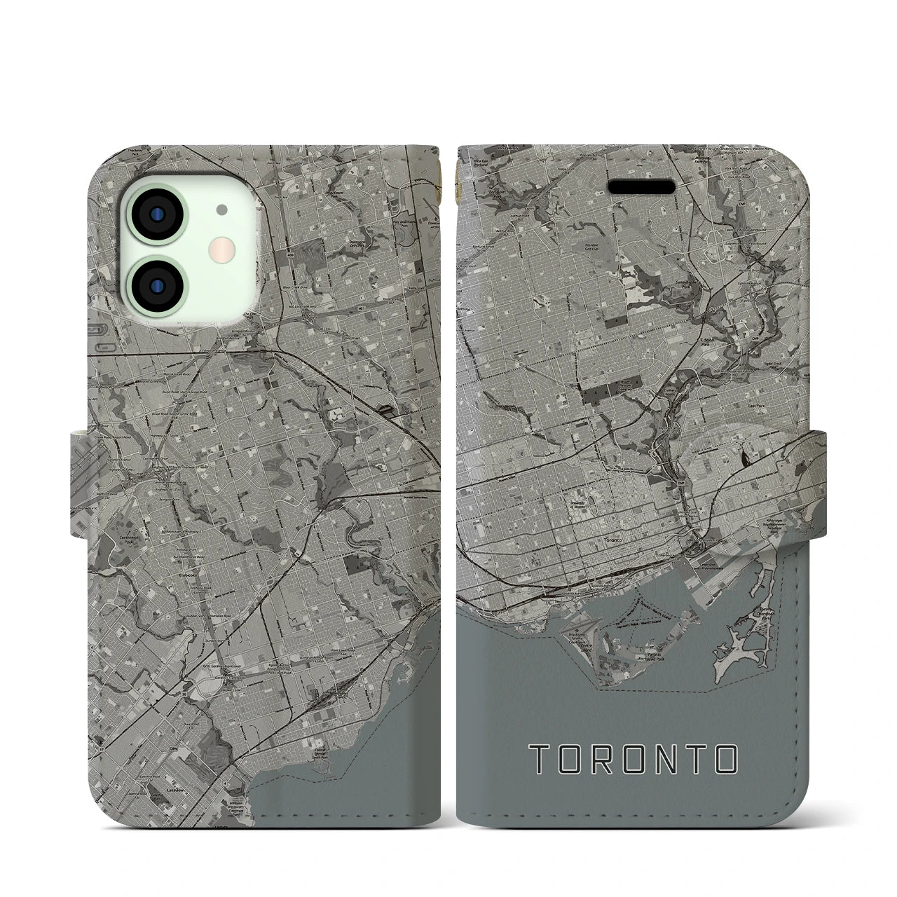 【トロント(カナダ)】地図柄iPhoneケース(手帳タイプ)モノトーン・iPhone 12 mini 用