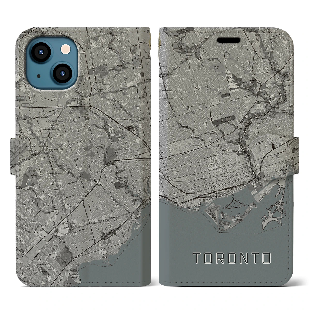【トロント(カナダ)】地図柄iPhoneケース(手帳タイプ)モノトーン・iPhone 13 用