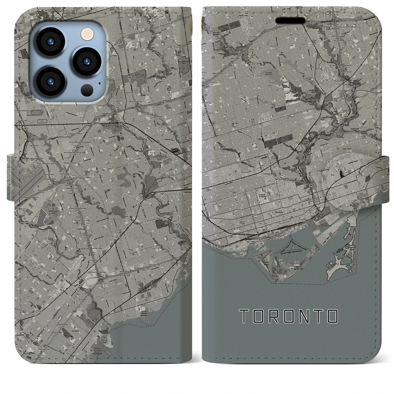 【トロント(カナダ)】地図柄iPhoneケース(手帳タイプ)モノトーン・iPhone 13 Pro Max 用