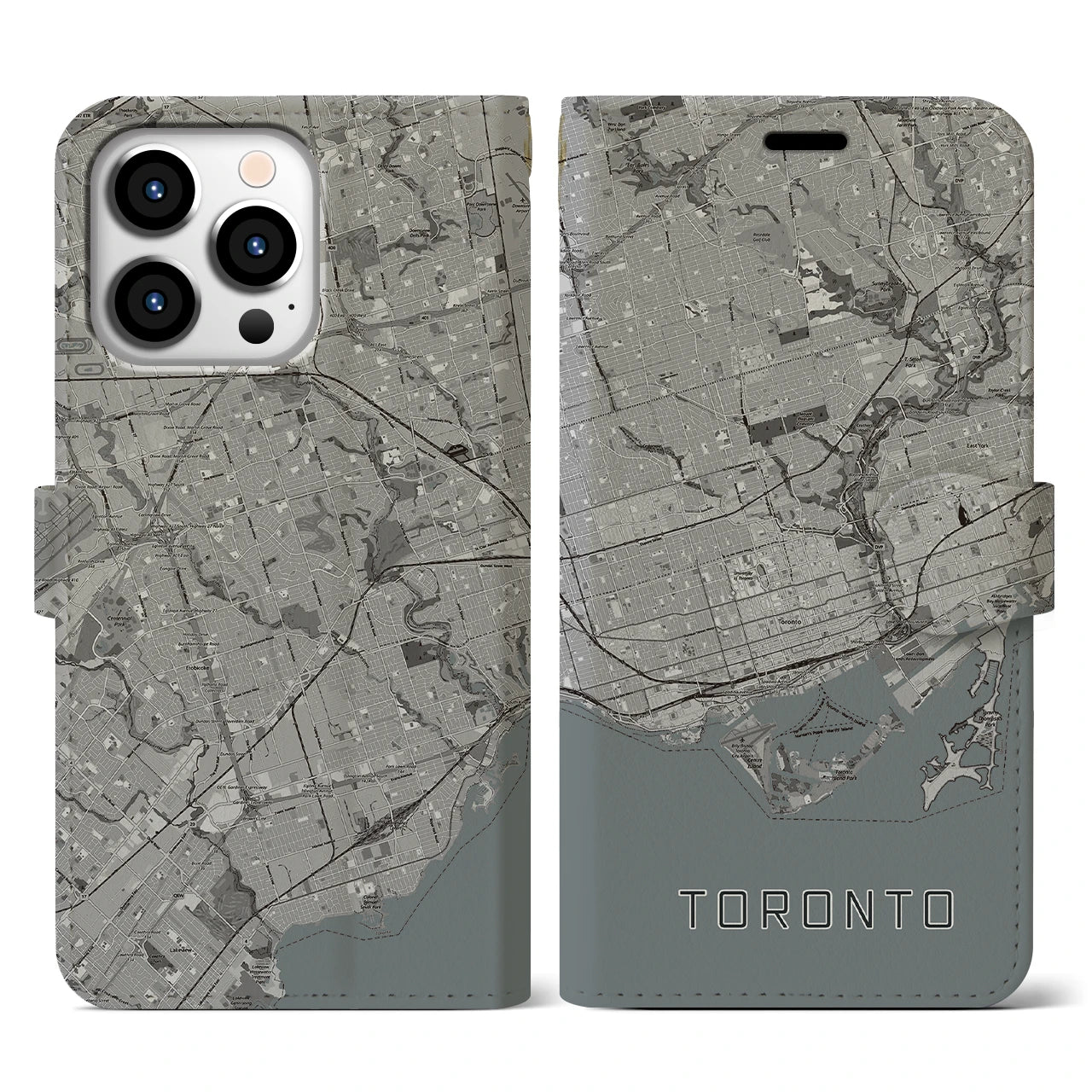 【トロント(カナダ)】地図柄iPhoneケース(手帳タイプ)モノトーン・iPhone 13 Pro 用