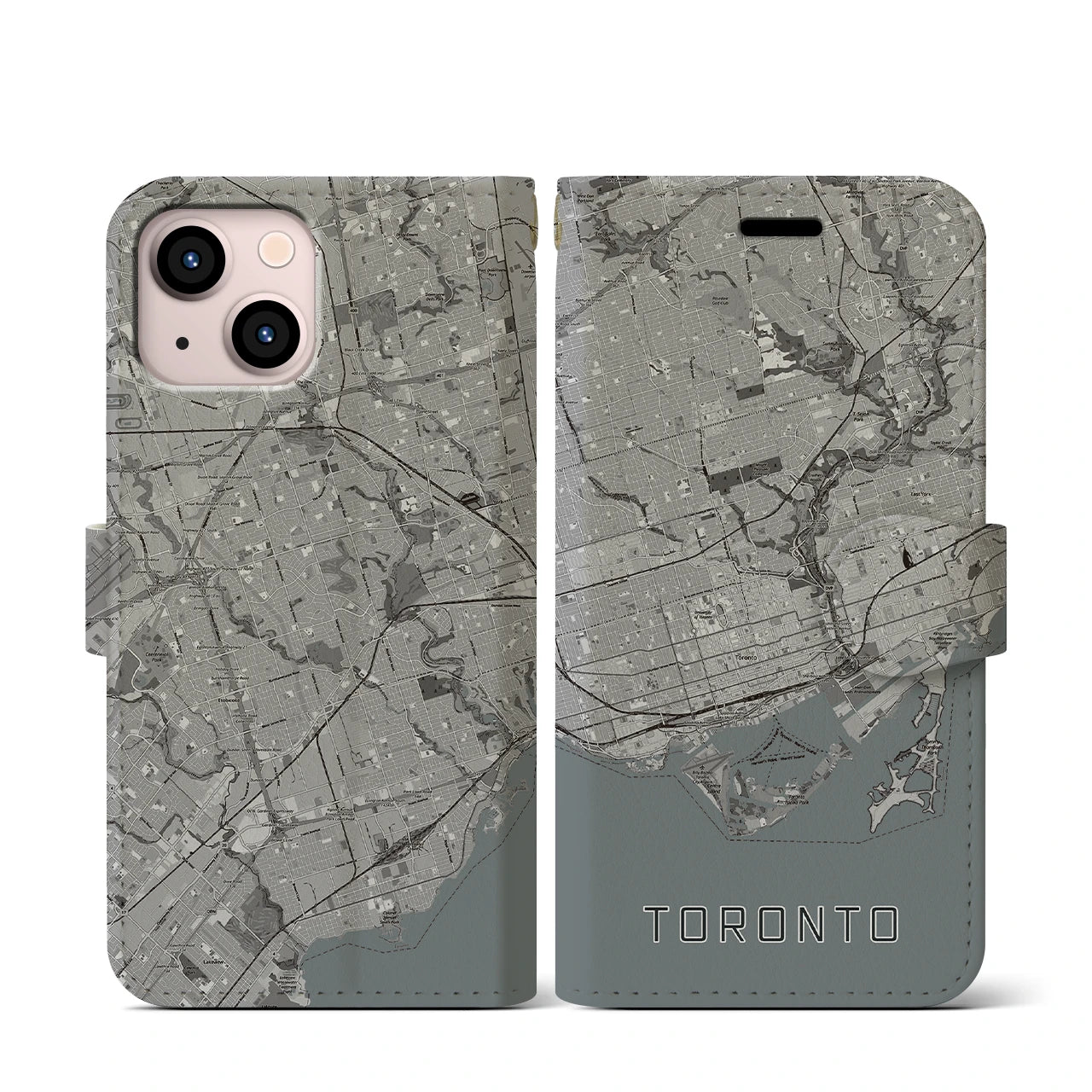 【トロント(カナダ)】地図柄iPhoneケース(手帳タイプ)モノトーン・iPhone 13 mini 用